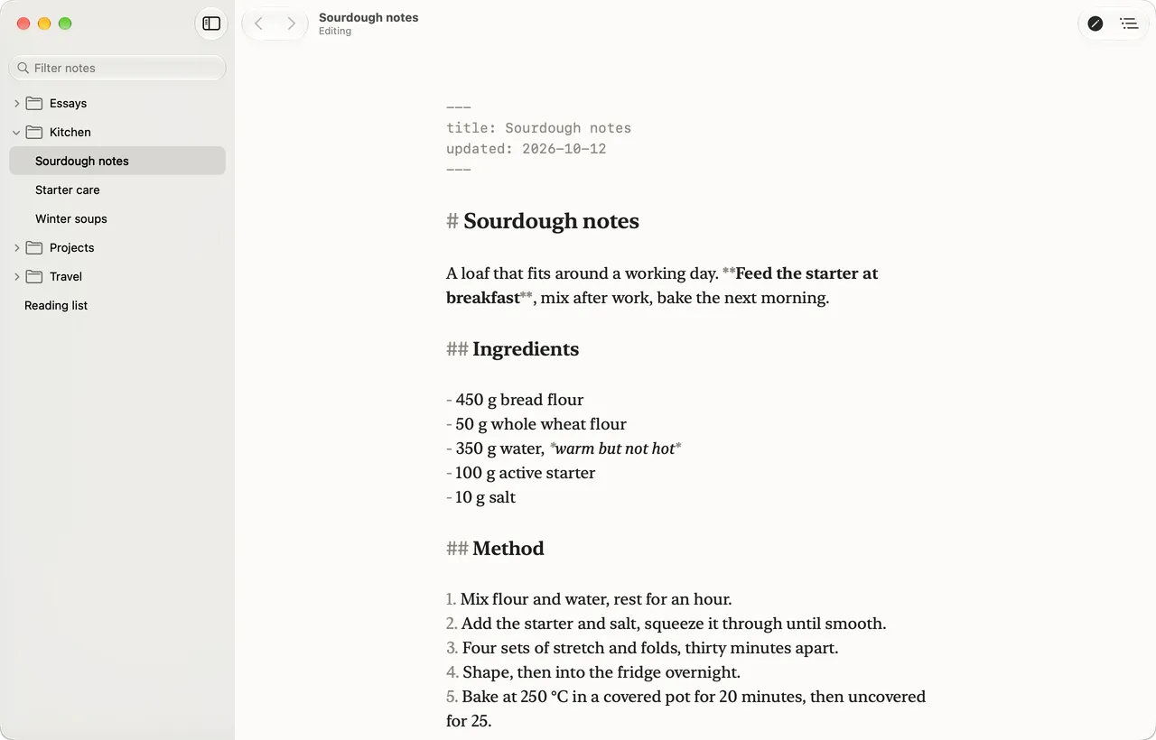 Editing a recipe note: Markdown symbols are dimmed, headings are larger, and the frontmatter is set in a quiet monospaced font.