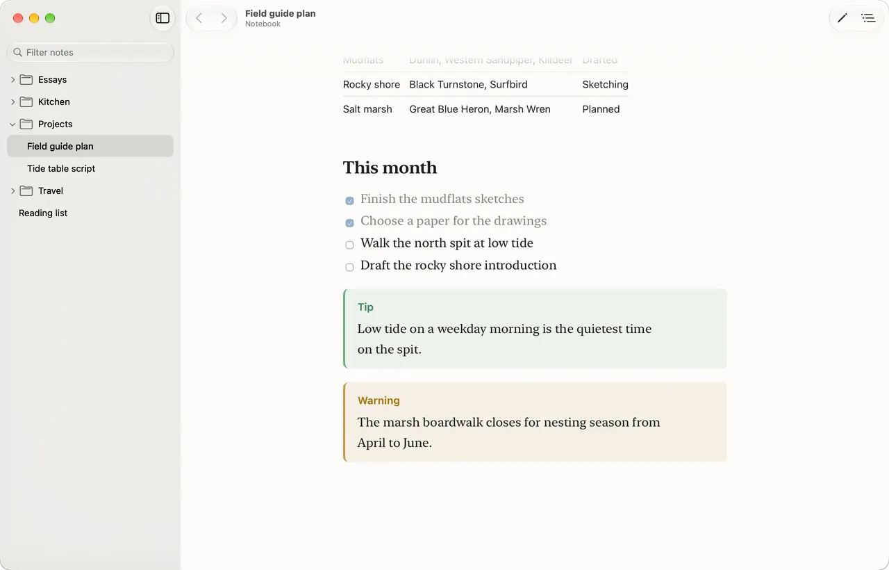 The same plan further down: a table, a task list, and tip and warning alerts.