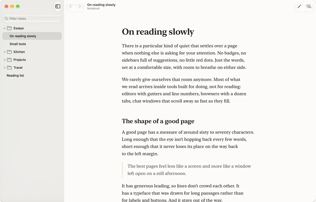 Stillread showing an essay in a folder of notes, with the folder in a sidebar on the left.